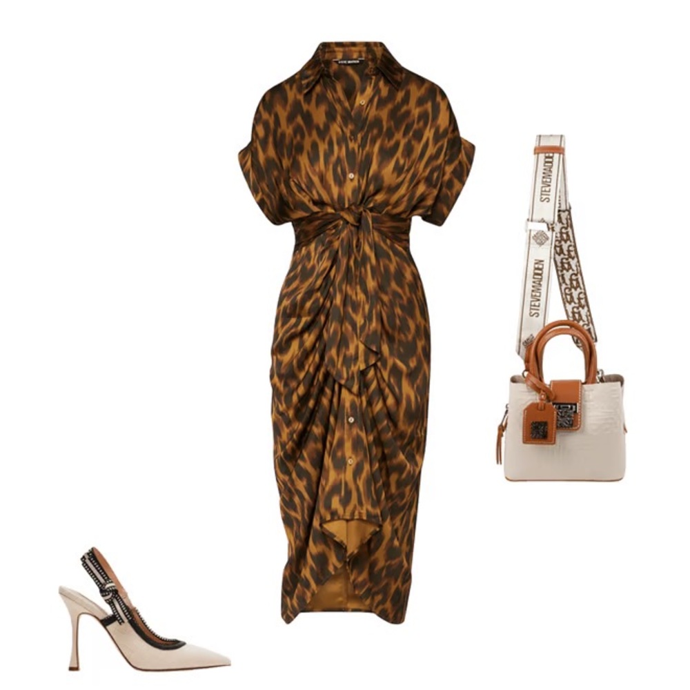 Steve Madden Leopard Button Front Midi Shirt Dress With Ruching, Tie Waist, 6